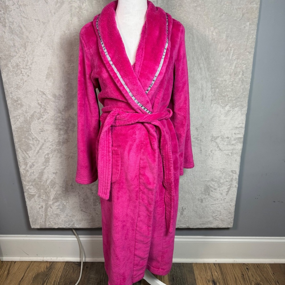 Victoria's Secret Womens Hot Pink Plush Fleece Long Robe Medium Pockets Belted